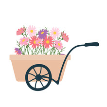 Illustration Of A Wheelbarrow Full Of Flowers, Colorful Daisies, And Elements Of Decor, Isolated On A White Background