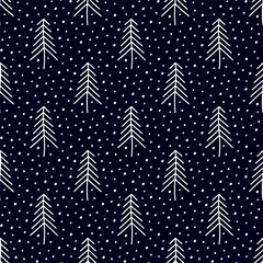 Wall Mural - Small white contour linear Christmas trees and snowflakes isolated on a dark blue background. Cute monochrome seamless pattern. Vector simple flat graphic illustration. Texture.