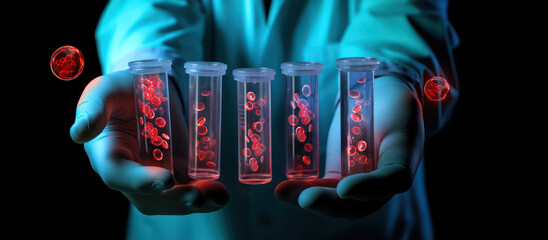 scientist holding medical testing tubes or vials of medical pharmaceutical research with blood plasma cells and virus cure using DNA genome sequencing biotechnology as wide banner hologram