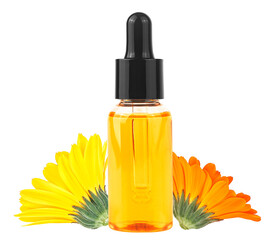 Concept of natural organic beauty cosmetics product - bottle of aromatic essential oil for herbal medicine with calendula flowers on a white background.