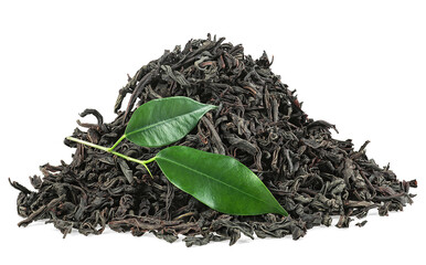 Canvas Print - Heap of dry black Ceylon tea and fresh tea leaves isolated on a white background. Dry and fresh tea leaves.