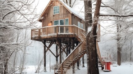 Wall Mural - The treehouse exterior in winter forest in Finland. Generative AI image AIG30.