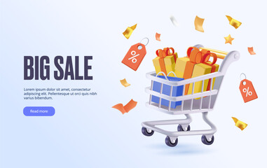 Big Sale banner 3D design. Online shopping advertisement, banner. Full shopping cart with products and presents. Concept of great discount. Black friday anniversary website design. 3D vector render