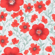 Pattern With Red Flowers And Leaves On White Background, Watercolor Floral Pattern, In Pastel Color, Tiles For Wallpaper, Card Or Fabric, Pattern Design