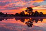 Fototapeta Krajobraz - Dzika rzeka Wisła, kolorowy pejzaż, poranek, słońce i letni wschód
