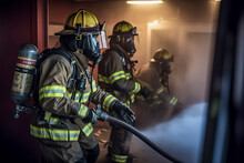 Courageous Heroes Battling The Blaze: Firefighters Bravely Extinguish House Fire, Saving Lives, Ai Generative