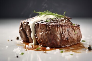 a piece of cooked beef meat steak with sour cream bechamel sauce and rosemary branch, close-up.