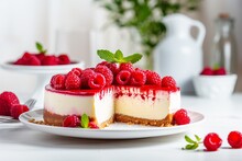 A Delicious Cheesecake With Red Strawberry Jam And Fresh Raspberry And Mint In The Modern Sunlit Kitchen With Mostly White Furniture, Scandy Style
