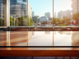 Wall Mural - Wood Table Top And Blur Building of the Background - Business Concept. Generative AI