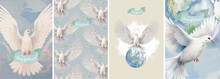 International Day Of Peace. Vector Illustration Of Dove Of Peace, Planet Earth, Pattern And Sky For Anti War Poster, Vintage Greeting Card Or Background