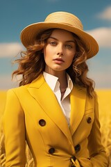 Wall Mural - elegant woman in vintage hat and yellow jacket