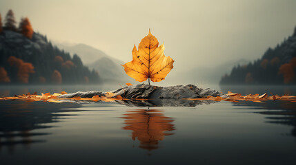 Poster - Creative concept made with one golden autumn leaf, reflection in the lake