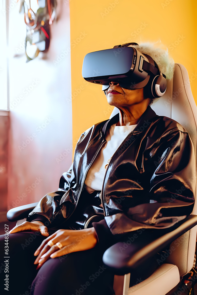 elderly dark-skinned lady in a wheelchair in virtual reality, a woman ...