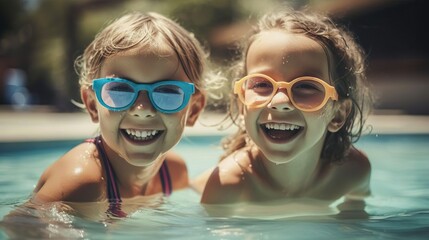 Laughing happy friends two little girls kids in sunglasses having fun in the swimming pool. Summer outdoor activity during family vacation holiday. Playing in blue water.