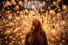 Woman In Room Full Of Light Bulbs