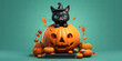 calabaza naranja de halloween junto calabazas pequeñas, con gato negro sobre la cabeza, concepto halloween, sobre fondo de color verde, Ilustracion de ia generativa