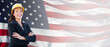 © Andy Dean - Female Contractor Wearing Blank Yellow Hardhat and Suit Over Waving American Flag Background Banner.
