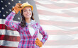 © Andy Dean - Female Contractor Wearing Blank Yellow Hardhat and Gloves Over Waving American Flag Background Banner.