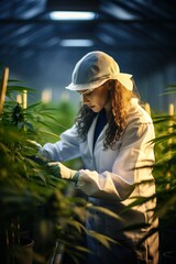 Wall Mural - Portrait of scientist with mask, glasses and gloves checking hemp plants in a greenhouse. Concept of herbal alternative medicine, cbd oil, pharmaceptical industry | Generative AI