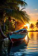 Tropical Paradise Island. An Old Boat Floats At Sunset Near The Palm Trees. Vacation And Romantic Evening.