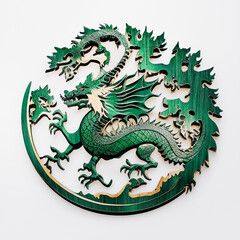 Wall Mural - Round carved emblem with a green dragon made of wood, on a light background