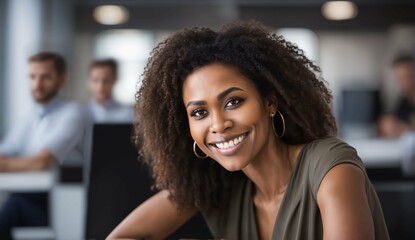 Poster - Beautiful happy woman sitting confidently in office and looking at camera