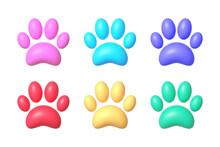Paw 3d Set On White Background. Dog, Puppy, Cat, Bear, Wolf Silhouette. Vector Isolated Illustration