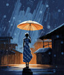 illustration of a woman holding an umbrella in the rain in the style of dark amber and indigo