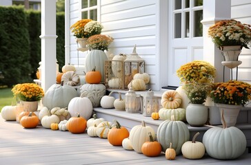 many pumpkins on the feet of a village house dwelling, cottagecore, the concept of autumn, thanksgiving, AI generated
