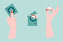 Vector Illustration Of Contraception In The Hands.Condom Opening In Stages.Condom In The Hand.Minimalistic Style.