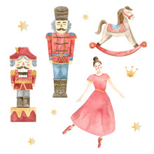 Nutcracker Watercolor Illustration Christmas Set. Christmas Retro Toys, Ballerina, Soldier, Rocking Horse And Decor Cliparts. Isolated Objects For Banner, Headers, Website, Stickers.
