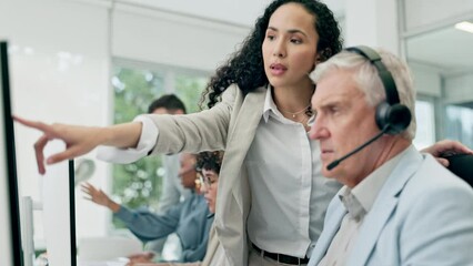 Aufkleber - Call center, manager planning and people on computer for e commerce support, teamwork and helping or solution. Communication consultant, sales executive and woman on desktop for online collaboration