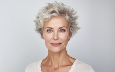 A close-in shot exhibiting the beauty and refined grooming of an older lady, set against a clean and brightly lit backdrop.