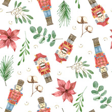 Pattern With Vintage Christmas Retro Toys. Watercolor Illustrations Of Hand Made Nutcracker, Ballerina, Rocking Horse, Christmas Leaves, Berries, Eucalyptus.
