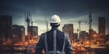 Back View Of Civil Engineer With Metropolis Construction Background. Generative Ai