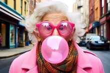 Elderly woman in pink coat with bubble gum on the street