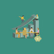© ruwaiscreative - Creative Vector illustration drawing of a manager evaluation meeting, business achievement chart, manager flying towards the company's target, reading a business plan book. Modern Design Illustration