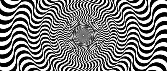 optical illusion background. black and white abstract distorted wavy lines surface. radial waves pos