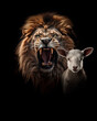 Lion And The Lamb, Prophetic Symbolism: Roaring Lion and Peaceful Lamb Convey Hope of Jesus' Return in Christian Belief.  Bible. 