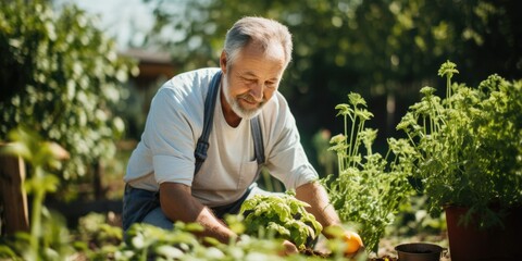 Wall Mural - illustration of smiling grandfather works in the garden , generative AI