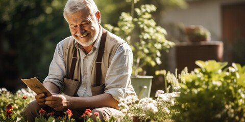 Wall Mural - illustration of smiling grandfather works in the garden , generative AI