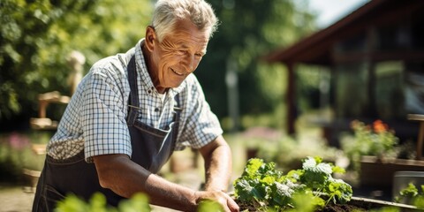 Wall Mural - illustration of smiling grandfather works in the garden , generative AI