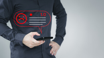 Poster - Business service concept of customer experience dissatisfied by smartphone. Man client with angry emotion face on virtual screen. Assessment testimonial review for dislike service and low quality.