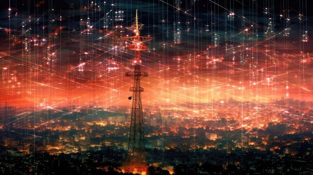 A radio tower transmitting signals across the airwaves, visualizing the transmission of information and ideas over long distances