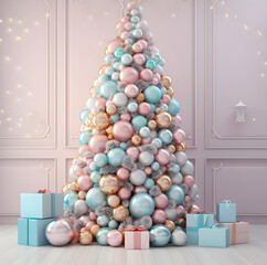 Wall Mural - Christmas creative concept of big New Year tree decorated with large holiday decoration balls pastel blue and pink colors in the room. Gentle baby 3d illustration. Gift boxes, presents.