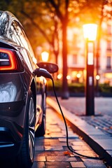 Electric car charging at station with power cable plugged in. Eco-friendly alternative energy concept. 