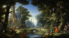 A Lush Depiction Of The Garden Of Eden, Presenting Nature's Untouched Splendor And Divine Serenity. Generative AI