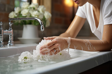 Canvas Print - Using a sponge and baking soda, a woman diligently cleans a white sink, ensuring a pristine and hygienic appearance. Generative Ai.