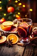 Christmas mulled red wine with aromatic spices and citrus fruits on a wooden rustic table, close-up. Traditional hot drink at Christmas time | Generative AI