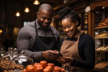 Wall Mural - Cooperation in a small bakery, pastry shop. The boss, the employer shows his employee the tasks, they smile in a good tone. Generative Ai.